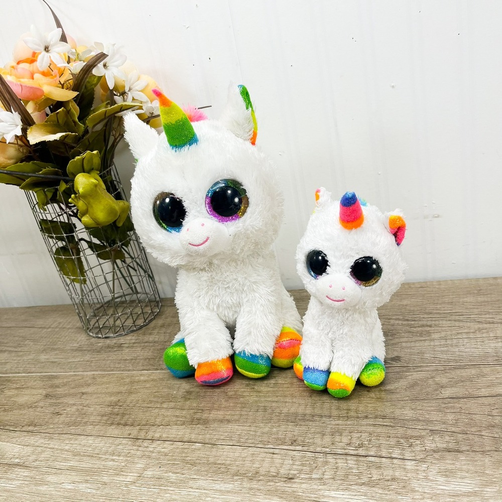 Ty Beanie Boos Pixy the Unicorn Plush Set White Rainbow Glitter 9" and 6" Pair